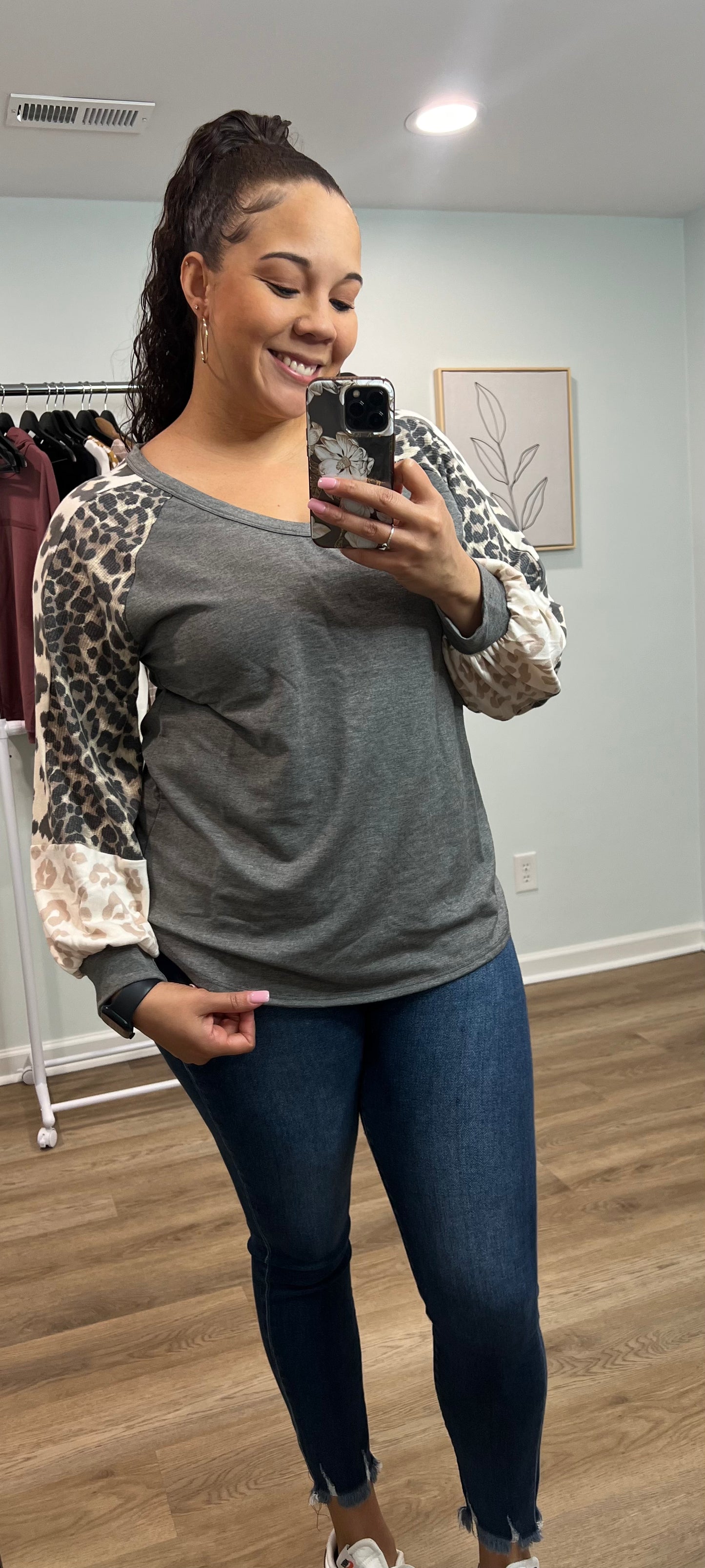 Katie Terry Top with Leopard Block Sleeves